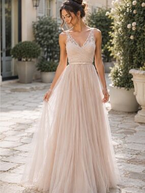 Blush Tulle Lace Maxi Gown Bridesmaid Formal Dress Size 4.